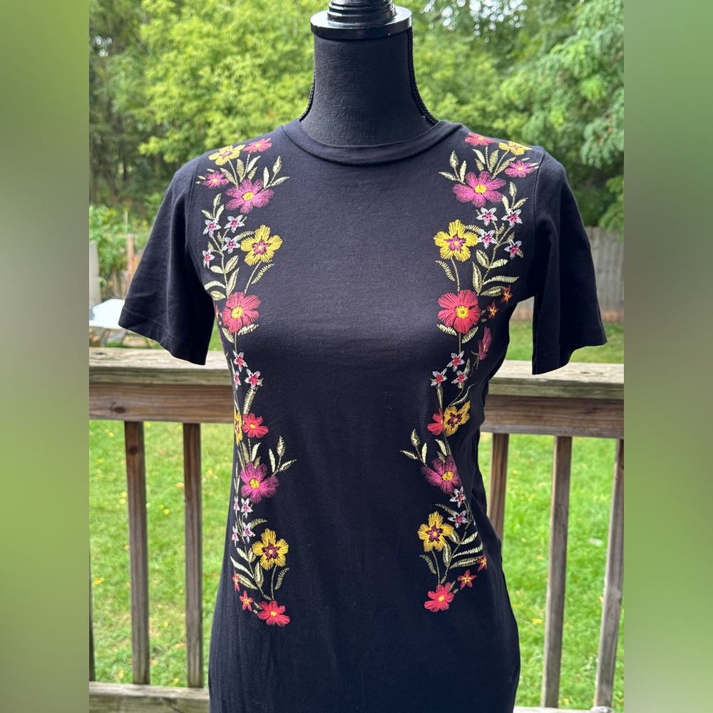 ASOS Black Dress with Colorful Floral Embroidery boho print spit side - Picture 2 of 7